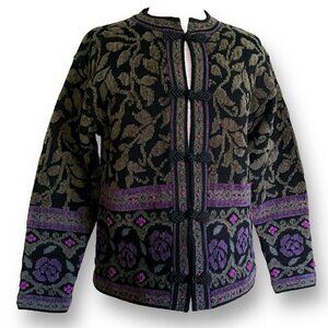 Skyr Womens Cardigan Sz S Black Floral Wool Blend Chenille Embroidered Sweater